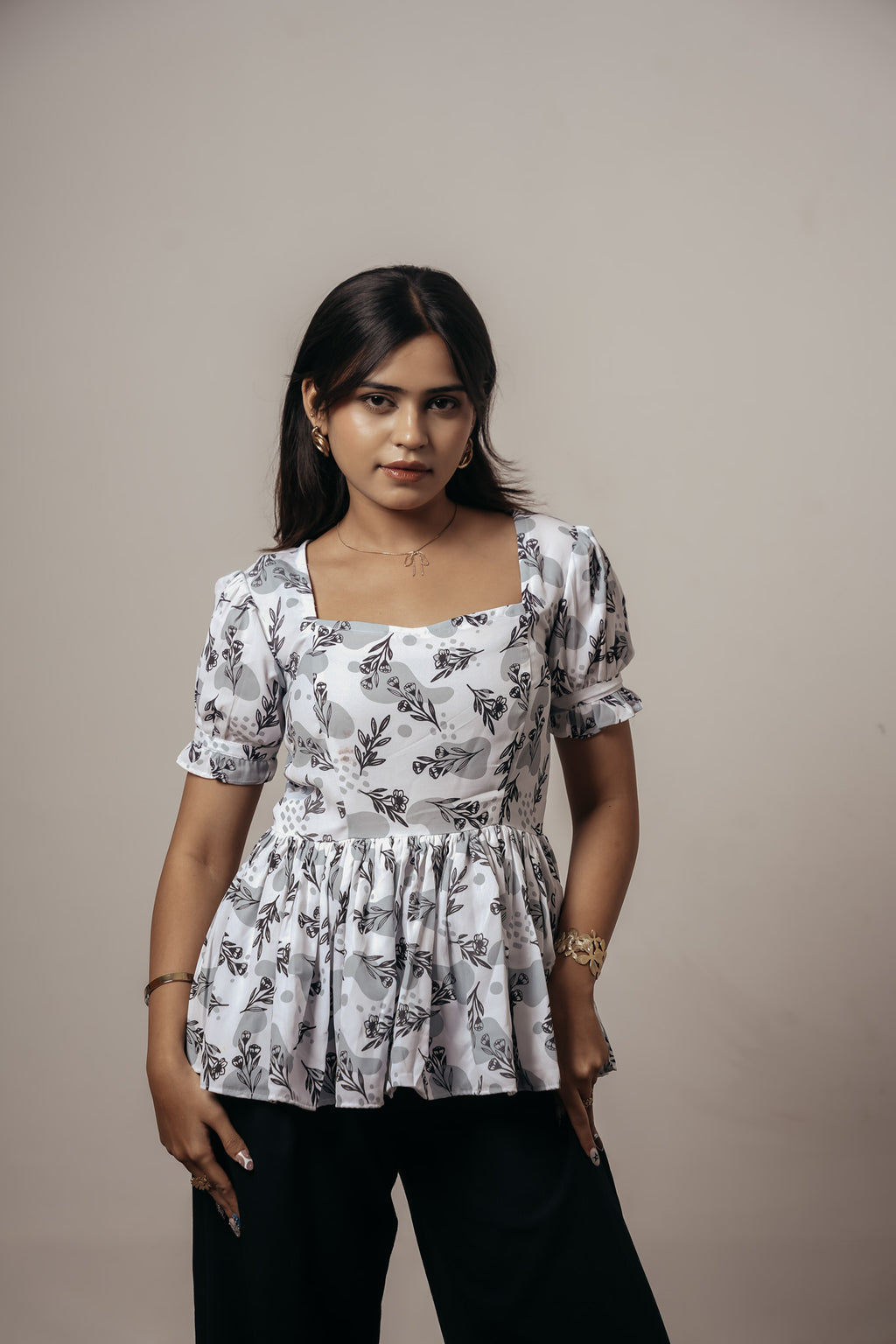 ✨ Joyara Monochrome Blossom Peplum Top ✨