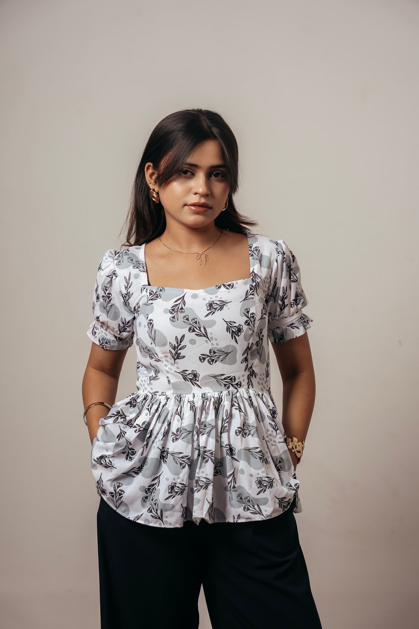 ✨ Joyara Monochrome Blossom Peplum Top ✨