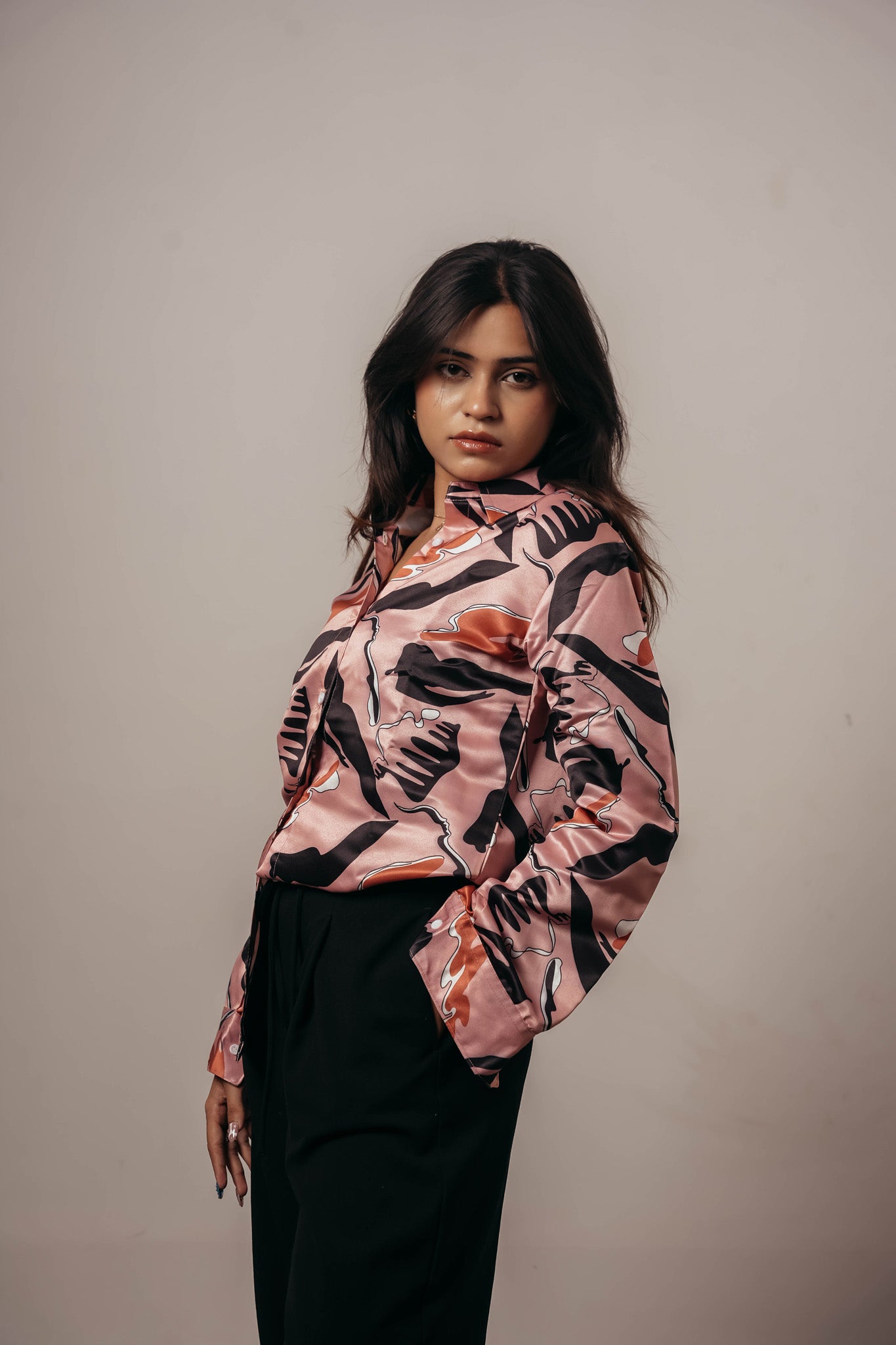 ✨ Joyara Satin Blush Abstract Shirt ✨