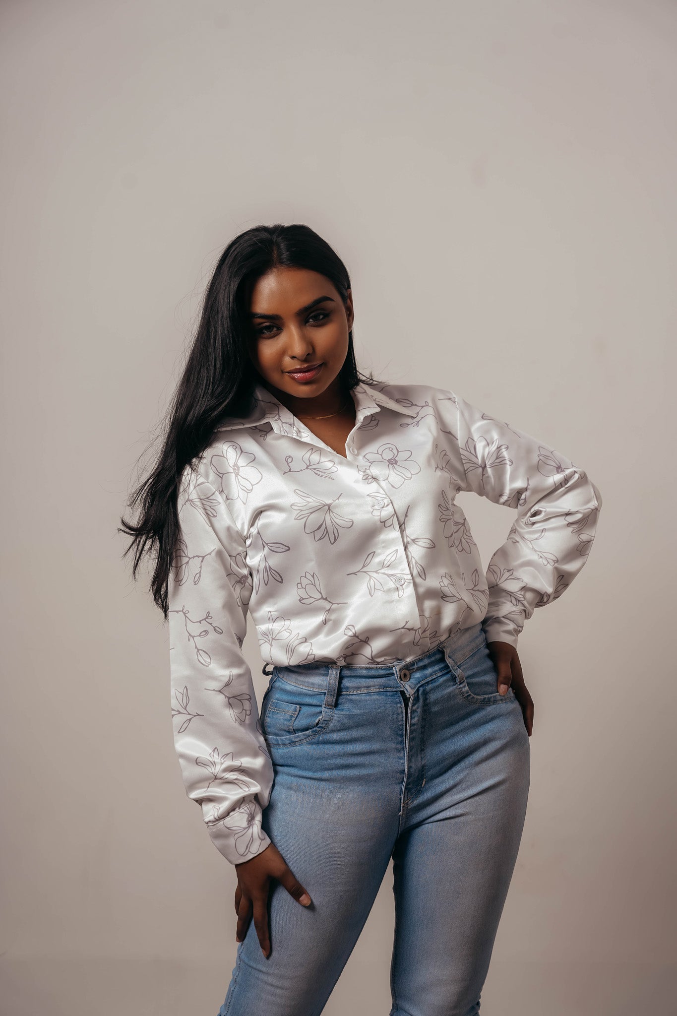 Joyara Ivory Bloom Satin Shirt