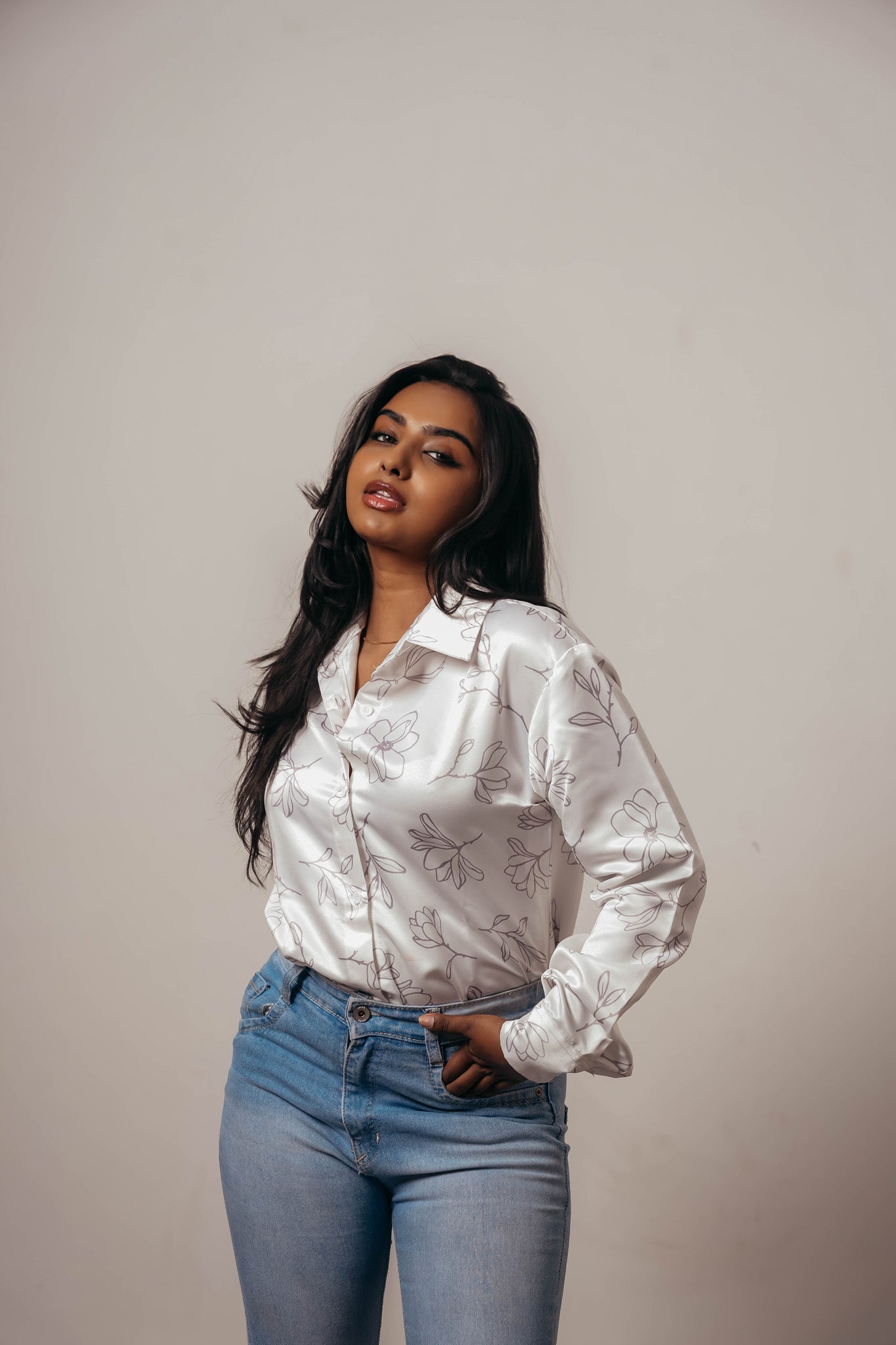 Joyara Ivory Bloom Satin Shirt